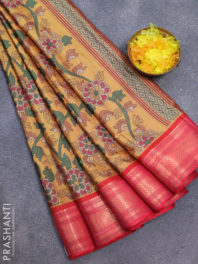 Semi kanjivaram silk saree mustard yellow and red with allover floral digital prints and zari woven border