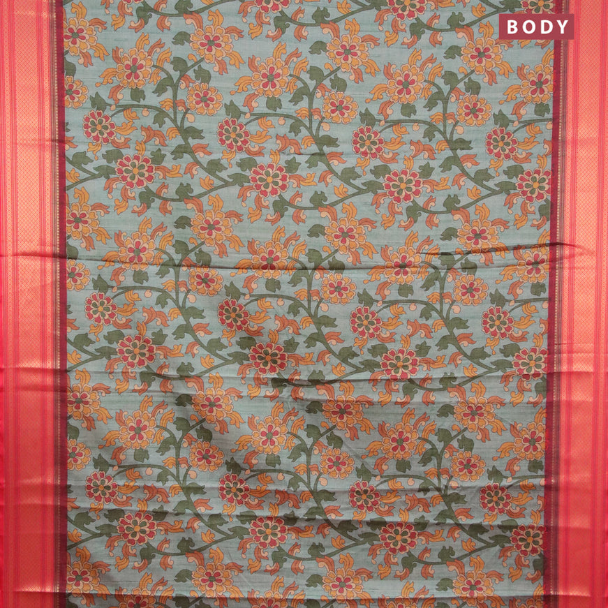 Semi kanjivaram silk saree teal green shade and red with allover floral digital prints and zari woven border
