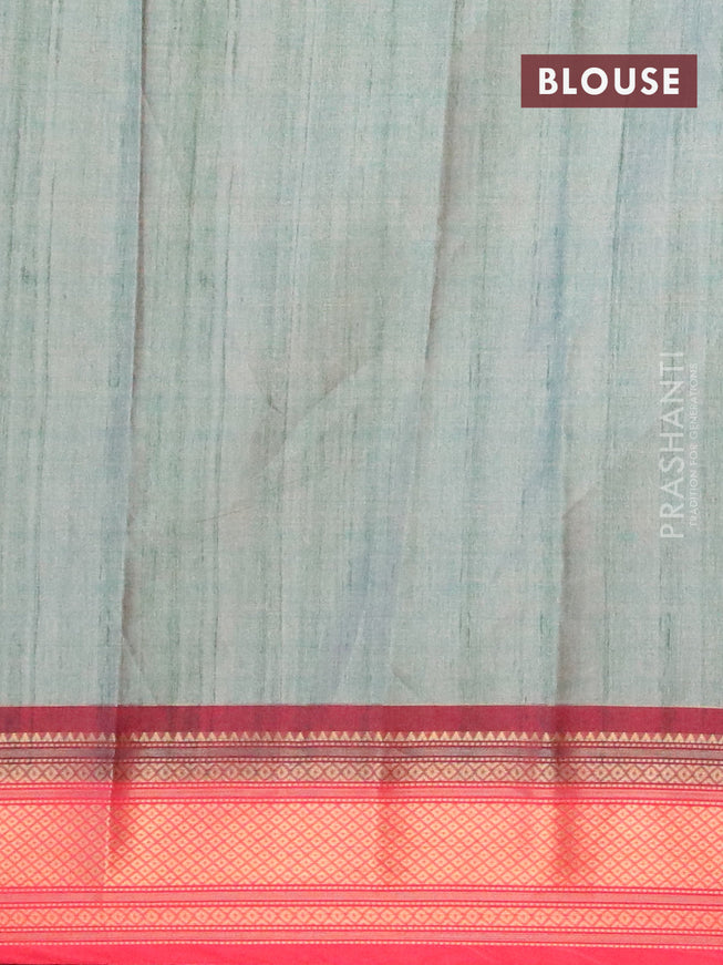 Semi kanjivaram silk saree teal green shade and red with allover floral digital prints and zari woven border