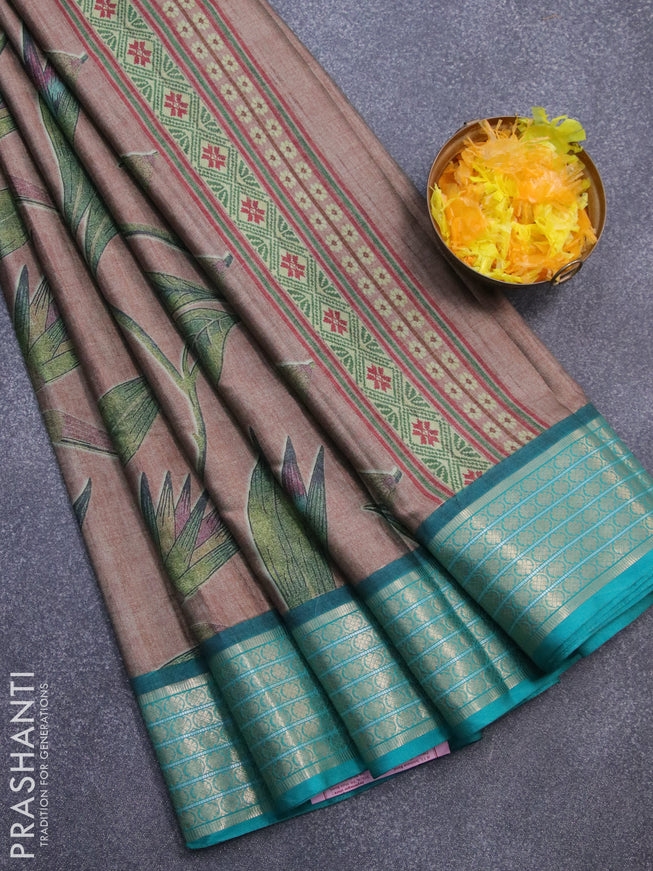 Semi kanjivaram silk saree brown shade and teal green with allover floral digital prints and zari woven border