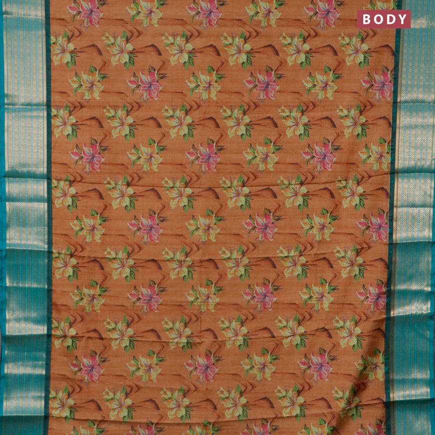 Semi kanjivaram silk saree rust shade and teal green with allover floral digital prints and zari woven border