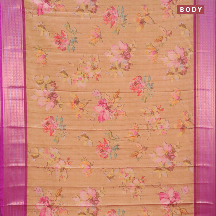 Semi kanjivaram silk saree sandal and purple with allover floral digital prints and zari woven border