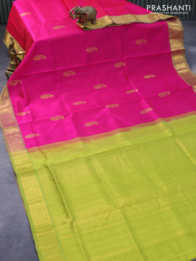 Silk cotton saree pink and light green with zari woven paisley buttas and annam & paisley zari woven border