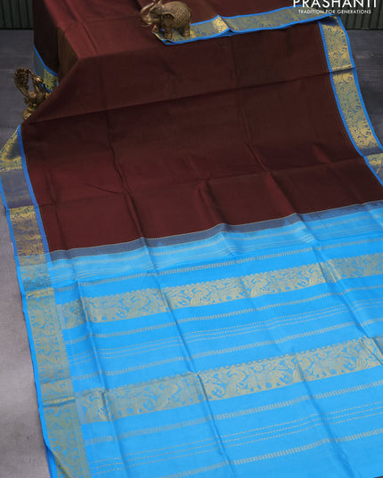 Silk cotton saree coffee brown and cs blue with allover vairosi pattern and peacock & elephant zari woven border