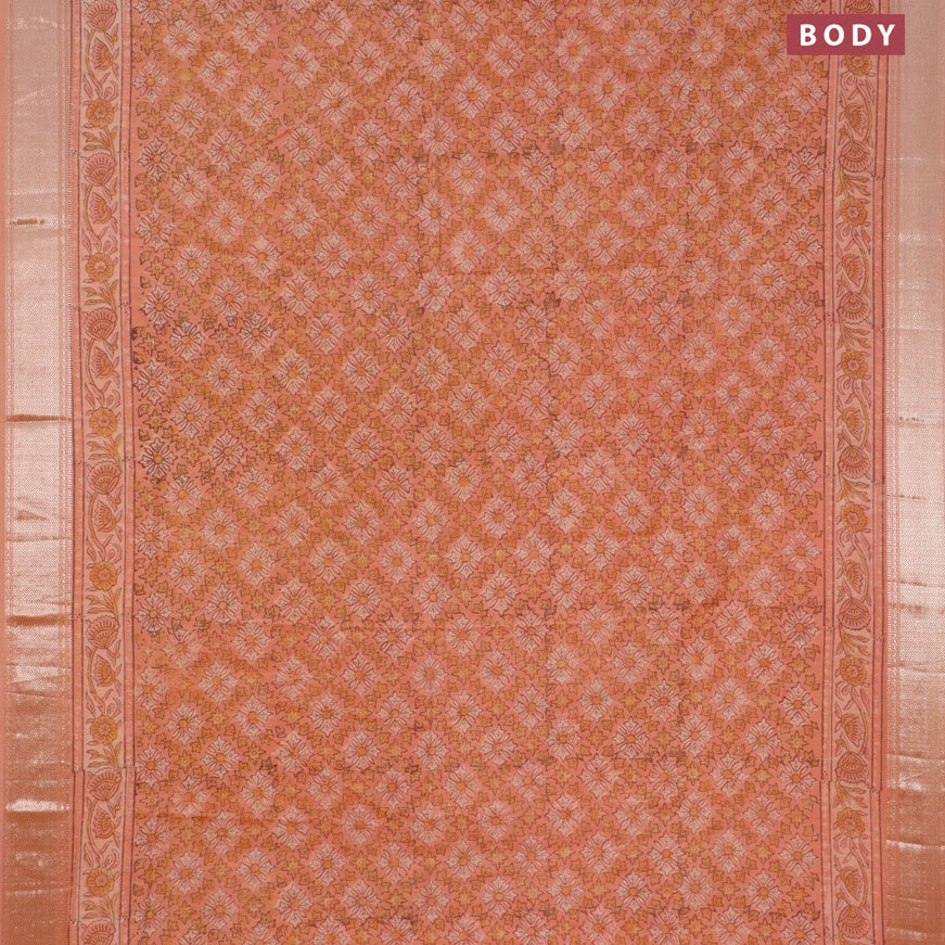 Semi gadwal saree peach shade with allover floral prints and zari woven border