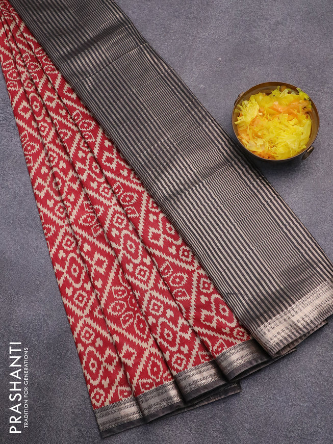 Semi gadwal saree maroon beige and black with allover ikat prints and zari woven border