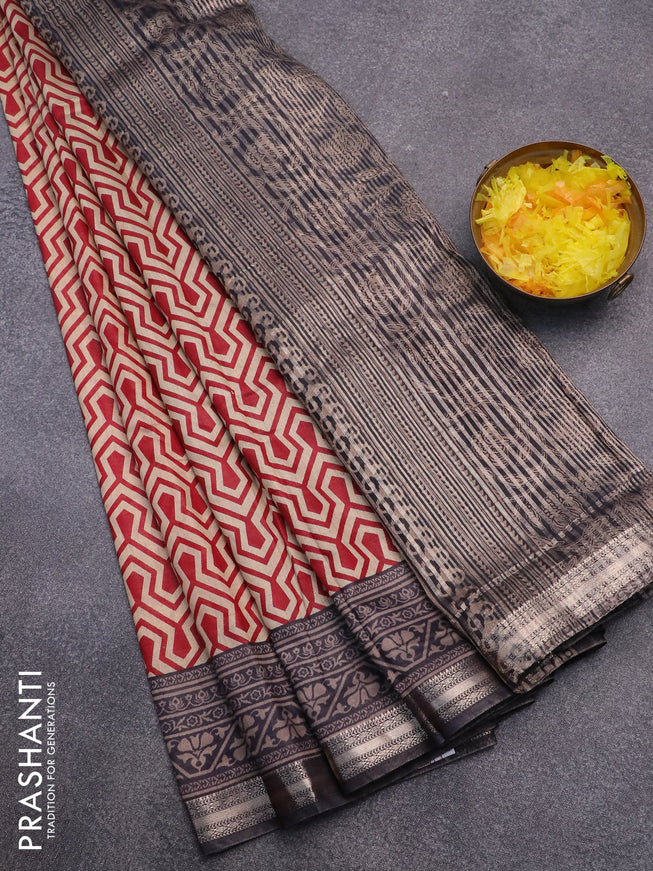 Semi gadwal saree beige maroon and black with allover geometric prints and zari woven border