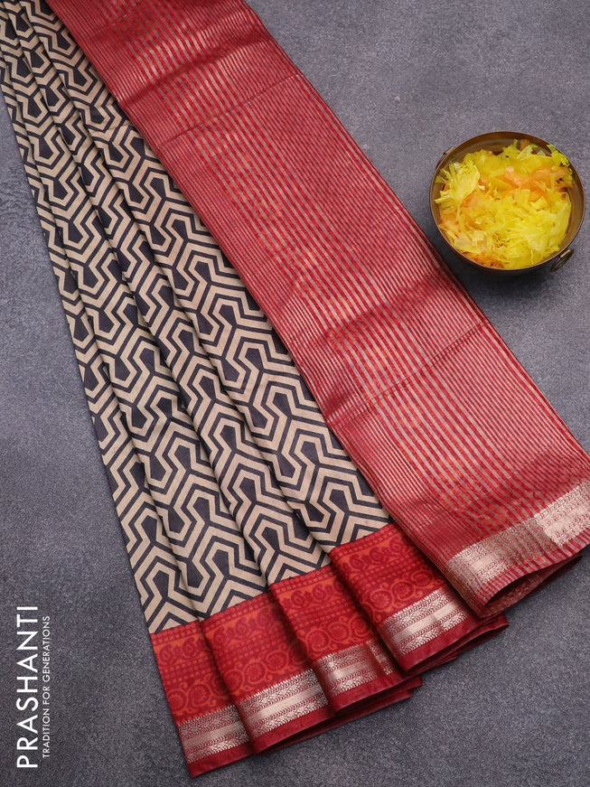 Semi gadwal saree beige black and maroon with allover geometric prints and zari woven border