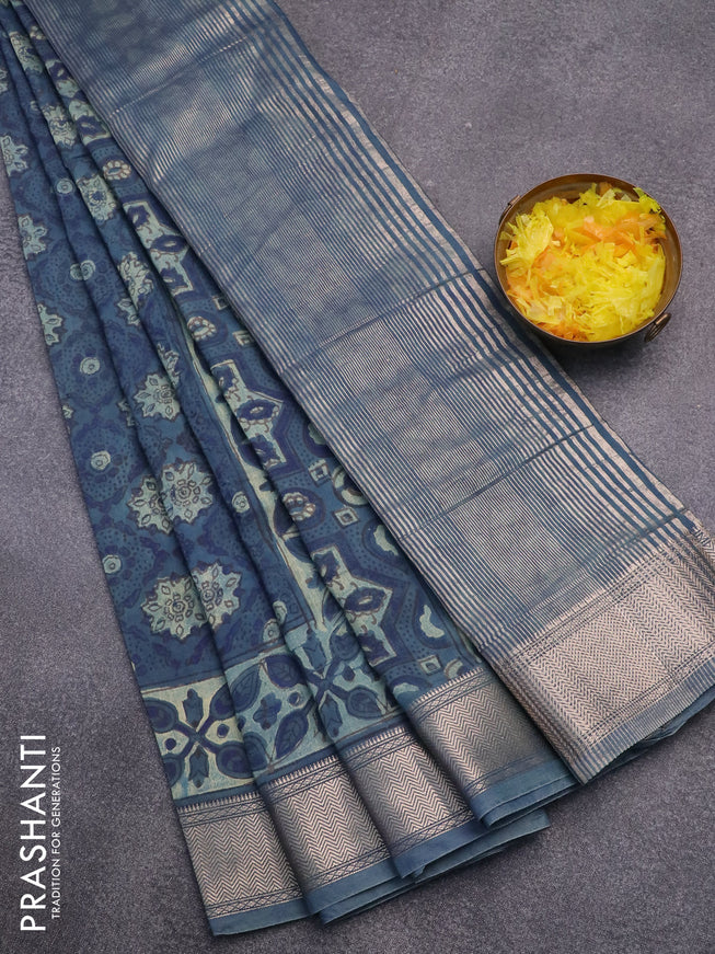 Semi gadwal saree peacock blue with allover ajrakh prints and zari woven border