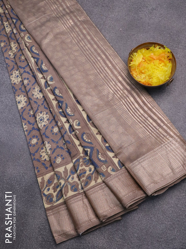 Semi gadwal saree grey shade and cream with allover ajrakh prints and zari woven border