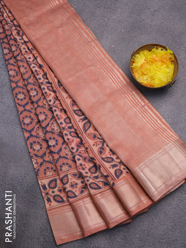 Semi gadwal saree peach shade with allover ajrakh prints and zari woven border