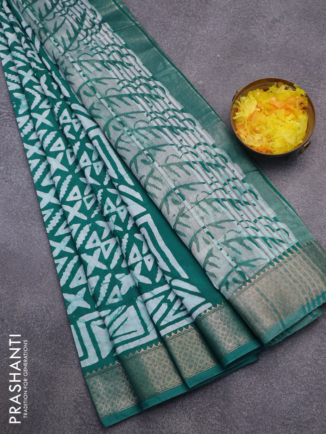 Semi gadwal saree peacock green and off white with allover batik prints and zari woven border