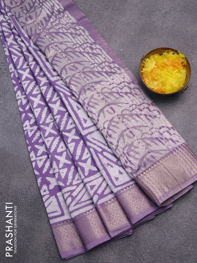 Semi gadwal saree lavender and off white with allover batik prints and zari woven border
