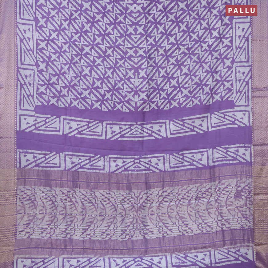 Semi gadwal saree lavender and off white with allover batik prints and zari woven border