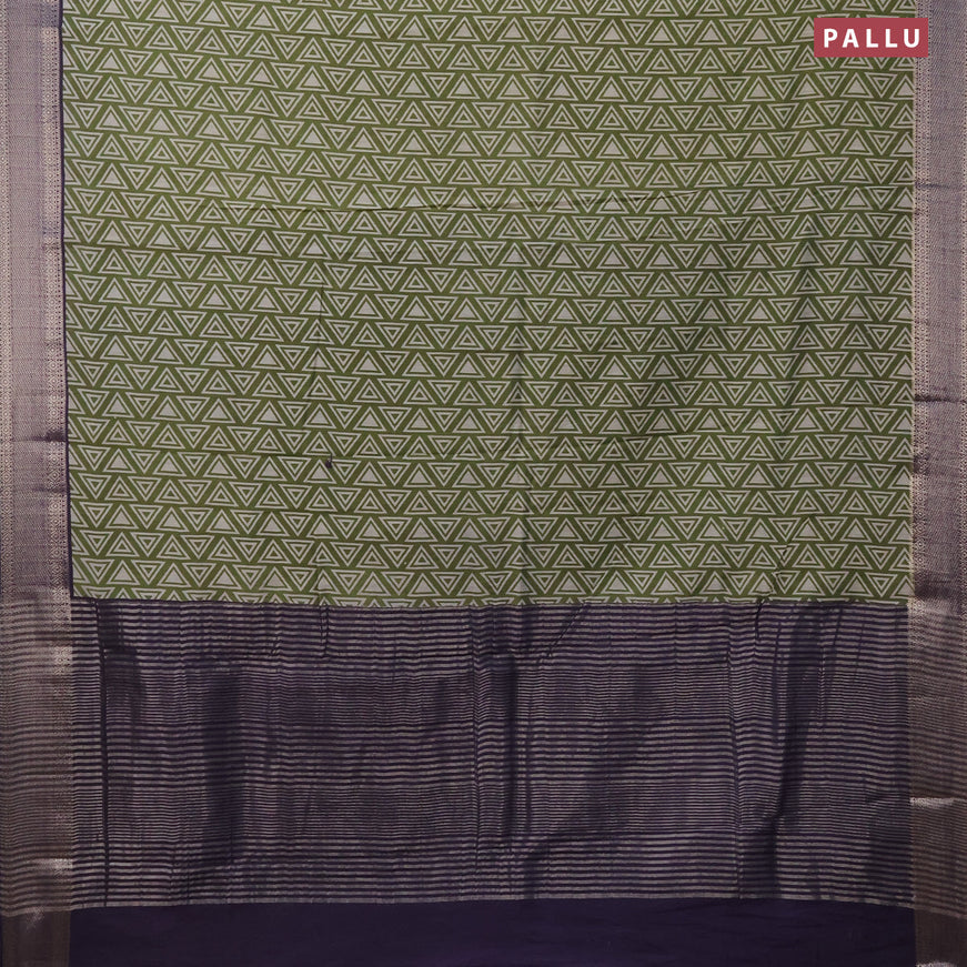 Semi gadwal saree mehendi green beige and elephant grey with allover geometric prints and zari woven border