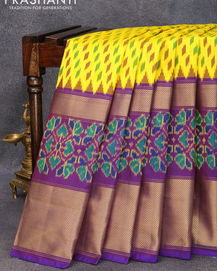 Pochampally silk saree yellow and dual shade of violet with allover ikat butta weaves and ikat woven zari border