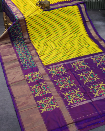 Pochampally silk saree yellow and dual shade of violet with allover ikat butta weaves and ikat woven zari border