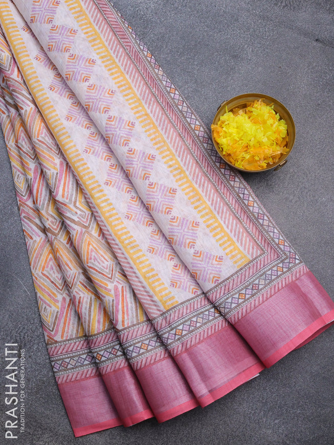 Linen cotton saree off white and pink with allover geometric prints and silver zari woven border