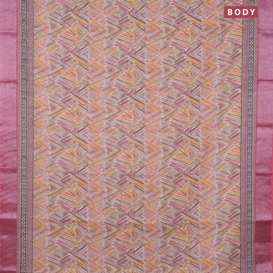 Linen cotton saree off white and pink with allover geometric prints and silver zari woven border