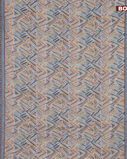 Linen cotton saree off white and blue with allover geometric prints and silver zari woven border