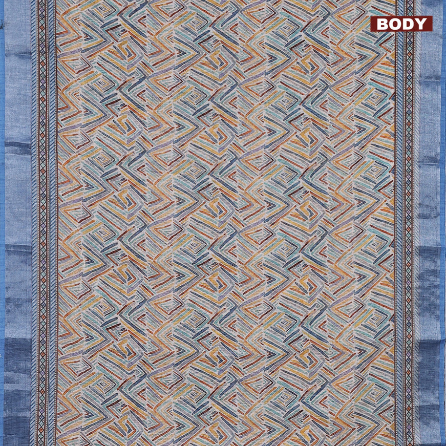 Linen cotton saree off white and blue with allover geometric prints and silver zari woven border