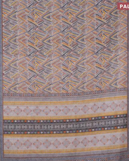 Linen cotton saree off white and grey with allover geometric prints and silver zari woven border
