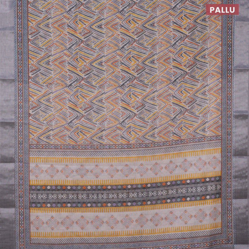 Linen cotton saree off white and grey with allover geometric prints and silver zari woven border