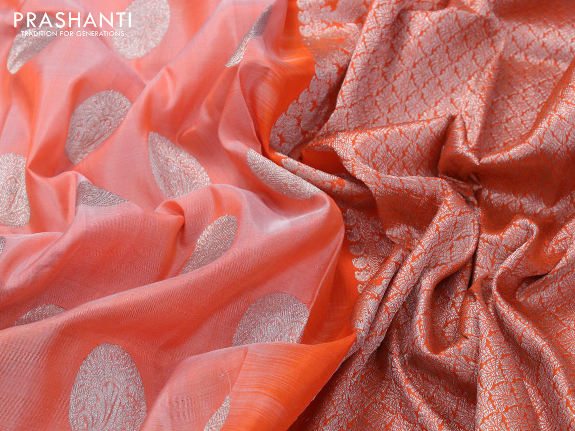 Venkatagiri silk saree orange shade and orange with silver zari woven buttas and temple design silver zari woven floral paithani border