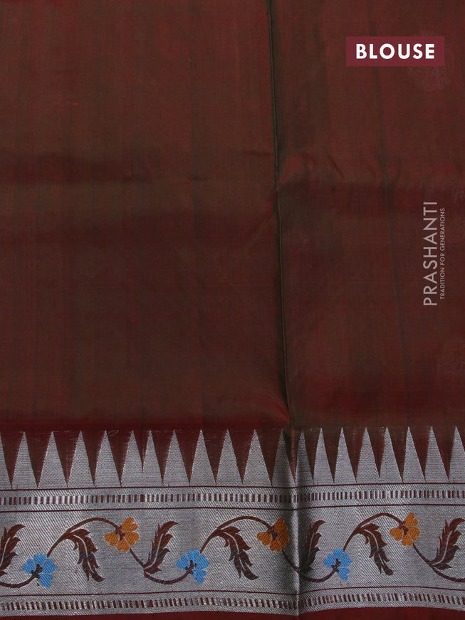 Venkatagiri silk saree green and dual shade of maroon with silver zari woven buttas and temple design silver zari woven floral paithani border