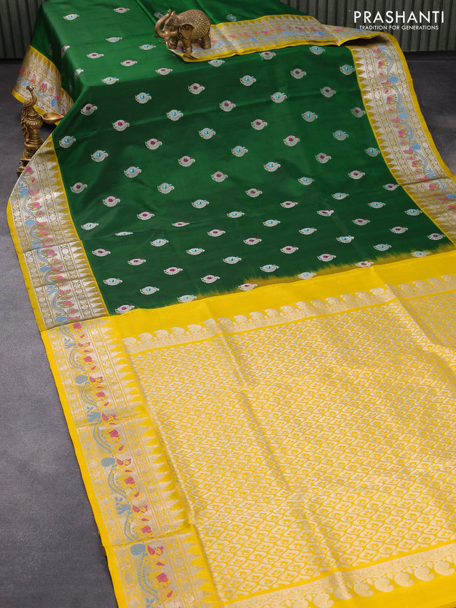 Venkatagiri silk saree green and yellow with thread & silver zari woven annam buttas and silver zari woven paithani border