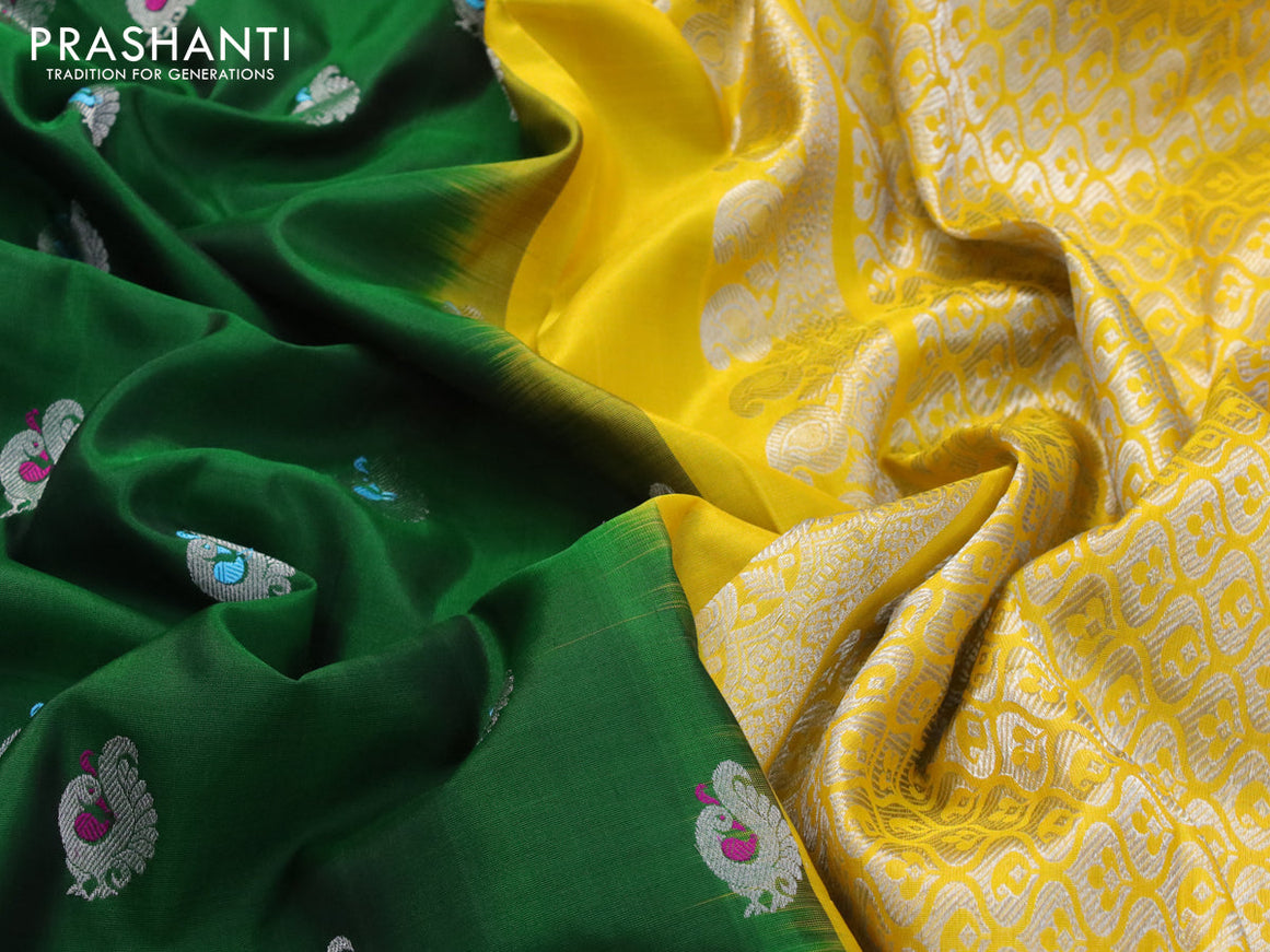 Venkatagiri silk saree green and yellow with thread & silver zari woven annam buttas and silver zari woven paithani border