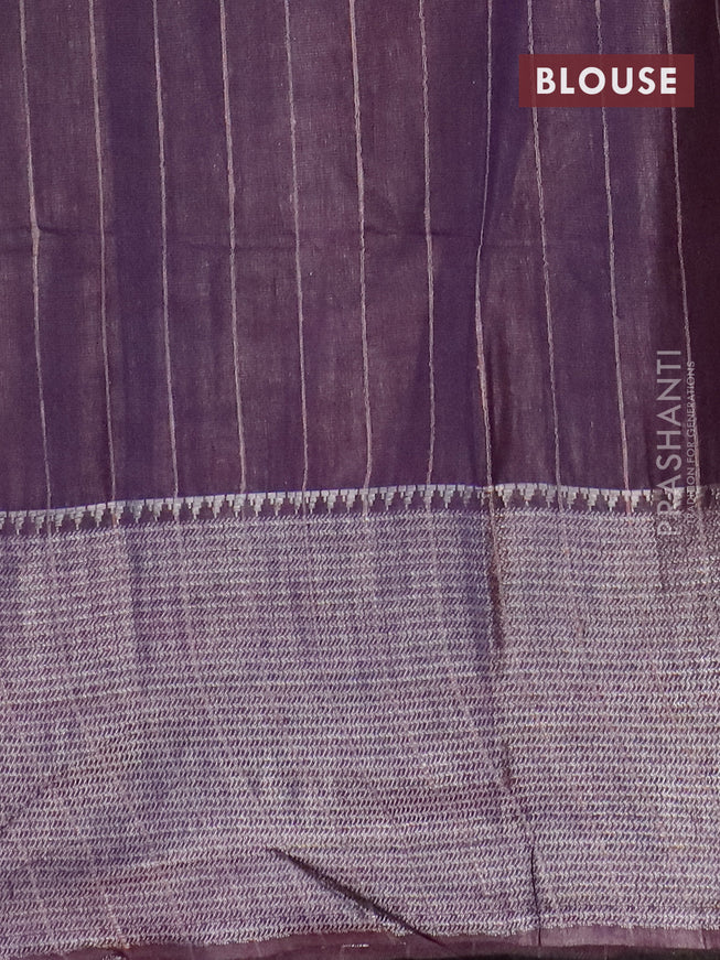 Semi tussar saree deep jamun shade with allover batik prints & thread stripe weaves and long silver zari woven border