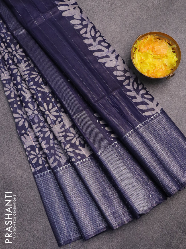 Semi tussar saree navy blue with allover batik prints & thread stripe weaves and long silver zari woven border