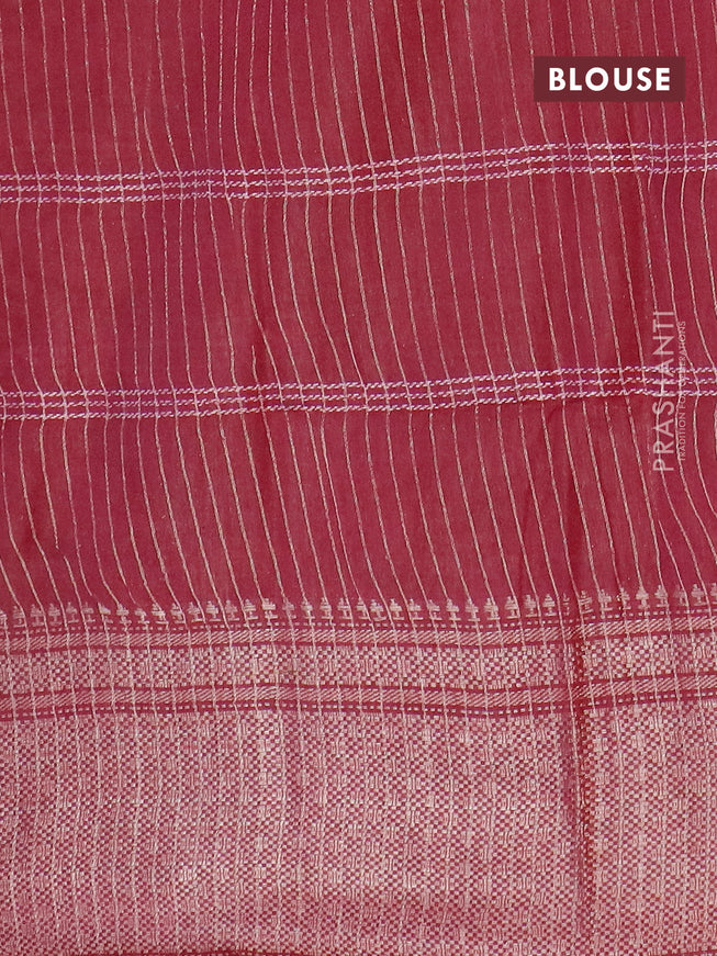Semi tussar saree dark maroon and off white with allover batik prints and long zari woven border