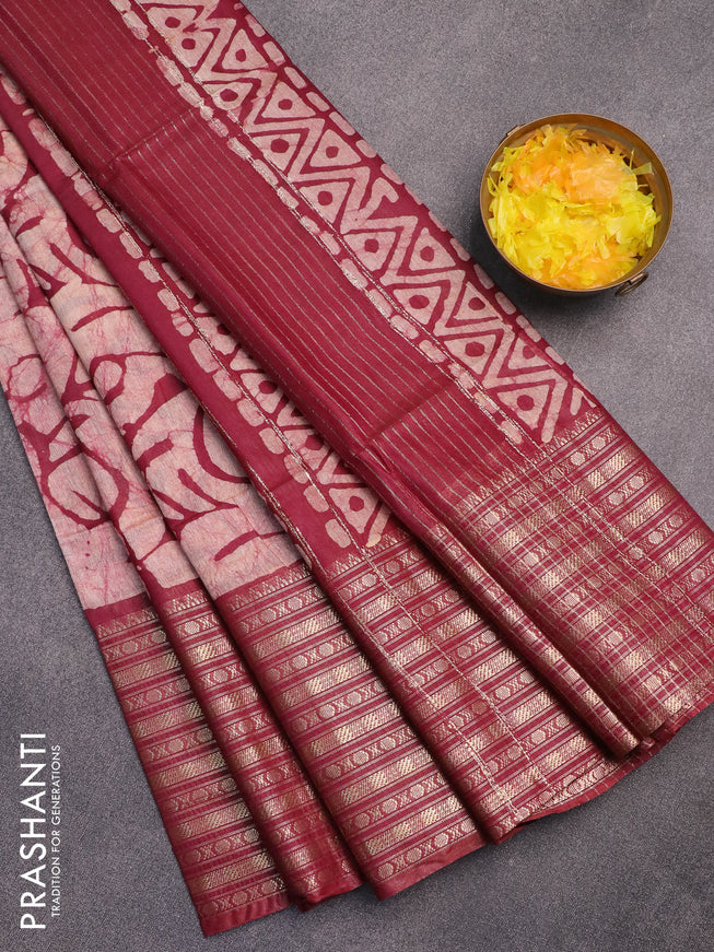 Semi tussar saree beige and maroon with allover batik prints and long zari woven border