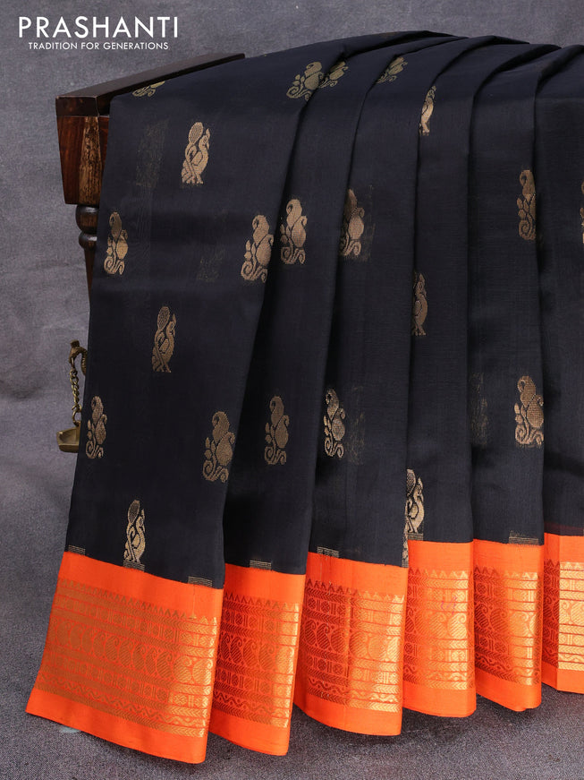 Silk cotton saree black and orange with zari woven buttas and zari woven korvai border