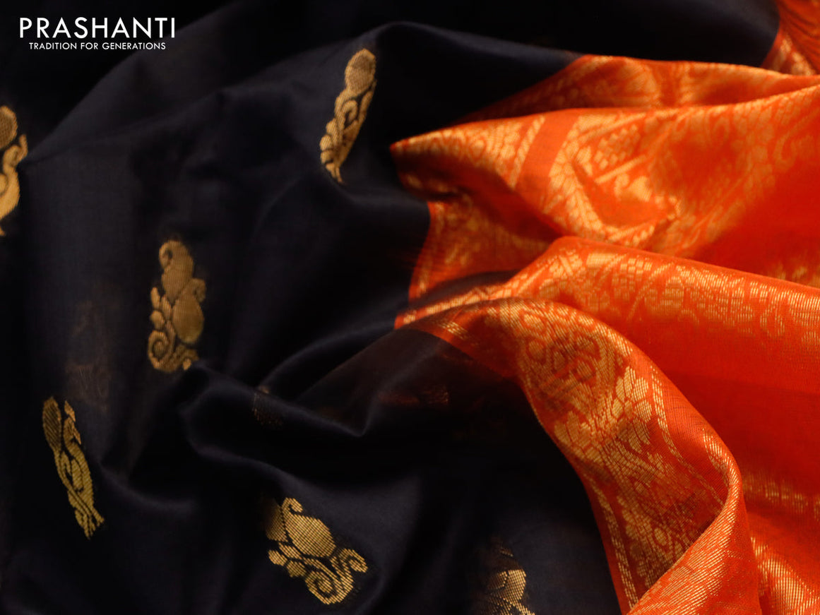 Silk cotton saree black and orange with zari woven buttas and zari woven korvai border