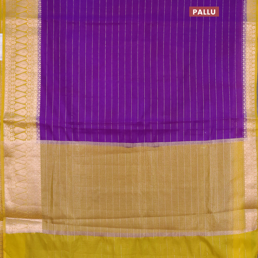Semi dupion saree violet and lime yellow with allover zari stripes pattern and zari woven border & meenakari blouse