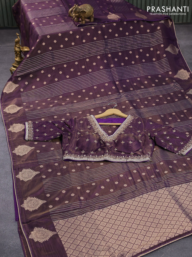 Tissue silk saree deep violet with allover zari weaves & buttas and lace work border & embroidery work readymade blouse