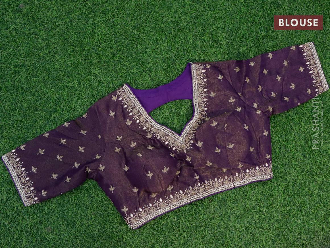 Tissue silk saree deep violet with allover zari weaves & buttas and lace work border & embroidery work readymade blouse