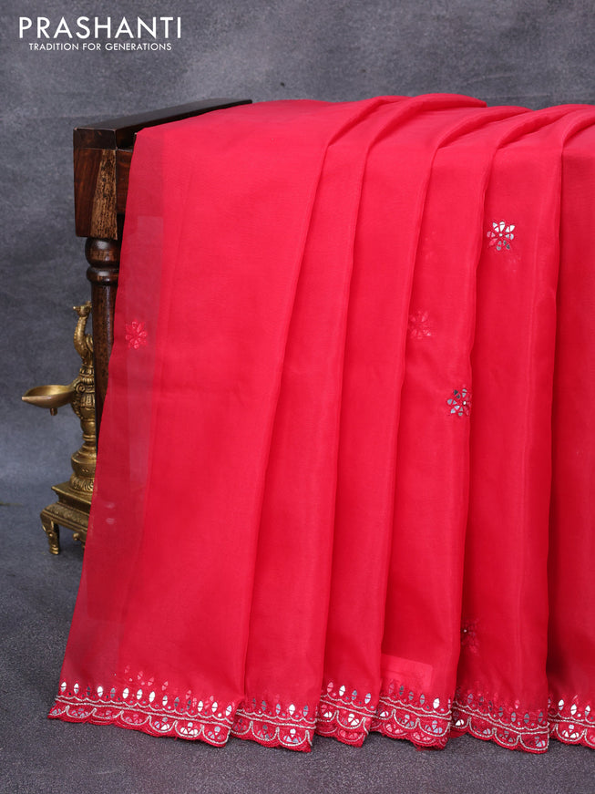 Organza silk saree red with embroidery mirror work buttas and embroidery work border & embroidery work readymade blouse