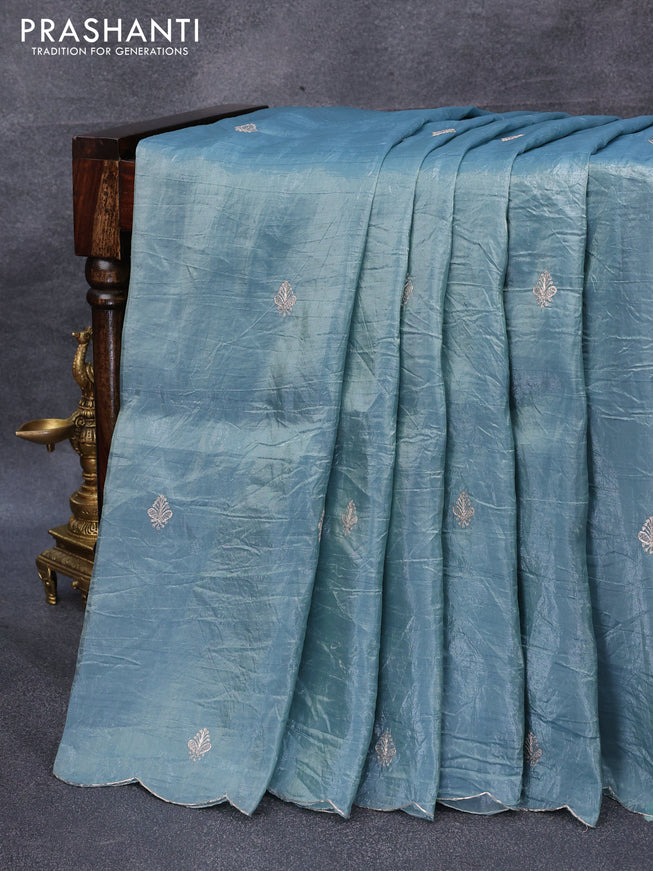 Satin silk saree pastel blue shade with embroidery work buttas and lace work border & embroidery work readymade blouse