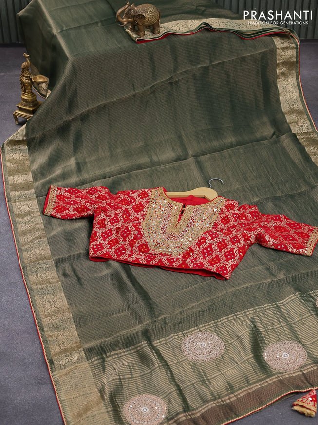 Tissue silk saree dark green and red with zari weaves & embroidery work and zari woven border & embroidery work readymade blouse
