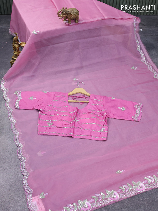 Organza silk saree mauve pink with sequin work buttas and zardosi work border & embroidery work readymade blouse