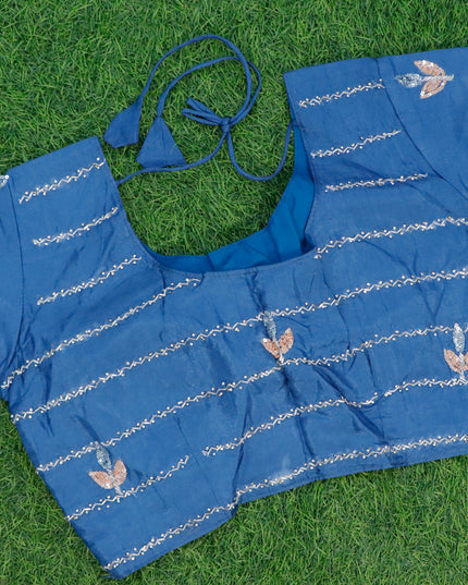 Organza silk saree bluish grey and blue with sequin work buttas and zardosi work border & embroidery work readymade blouse