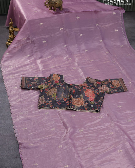 Satin silk saree pastel lavender with embroidery work buttas and lace work border & embroidery work readymade blouse