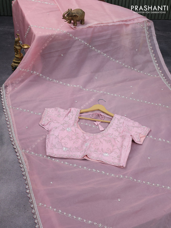 Organza silk saree pastel pink with allover beaded work and zardosi work border & embroidery work readymade blouse