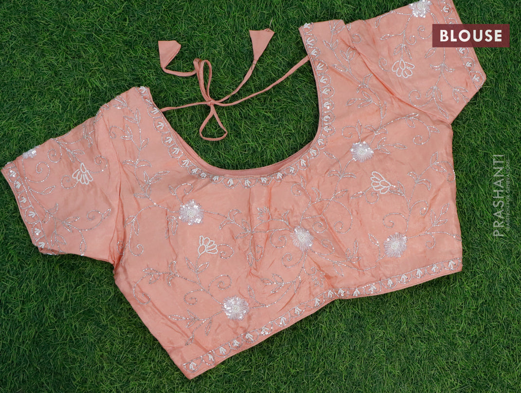 Organza silk saree peach shade with allover beaded work and zardosi work border & embroidery work readymade blouse