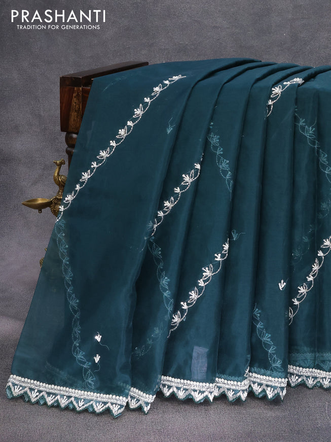 Organza silk saree peacock green with allover beaded work and zardosi work border & embroidery work readymade blouse