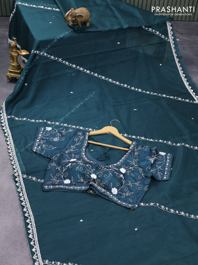 Organza silk saree peacock green with allover beaded work and zardosi work border & embroidery work readymade blouse